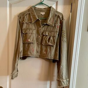 POL Khaki Utility Jacket with Paint Splatter and Studs & Sweater Back